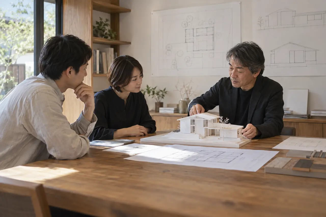 模型を囲んで打ち合わせをする建築士と夫婦