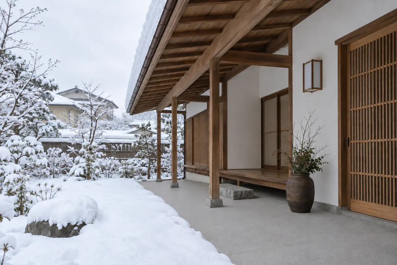 雪が庇で止まり、濡れていない玄関まわり
