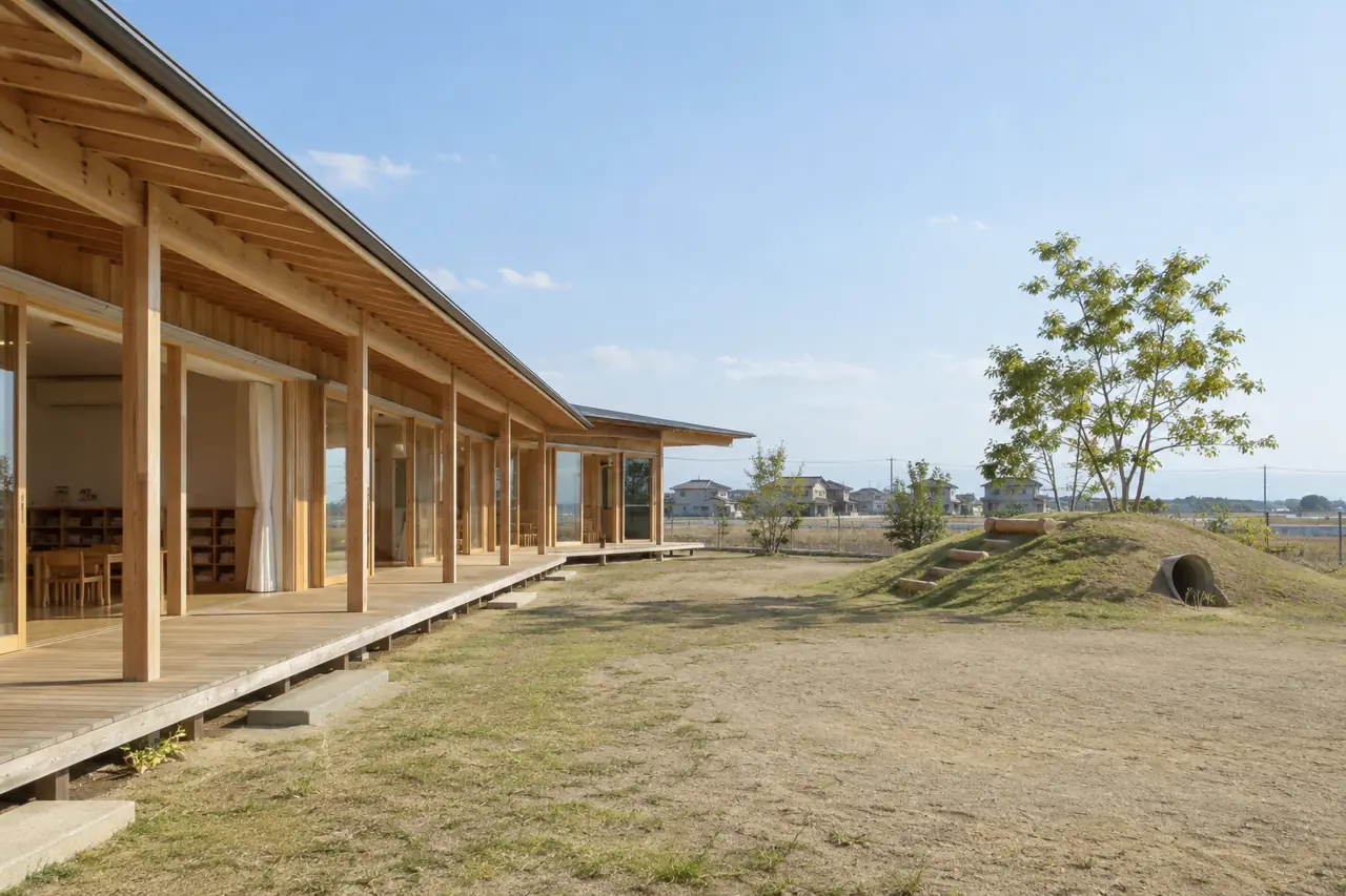 長い縁側と深い軒のある木造平屋の保育園