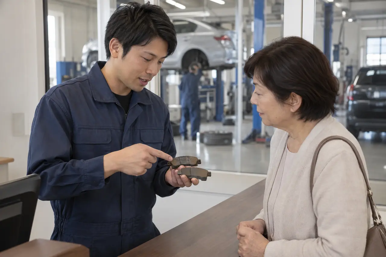 すり減ったブレーキパッドを見せて説明する整備士