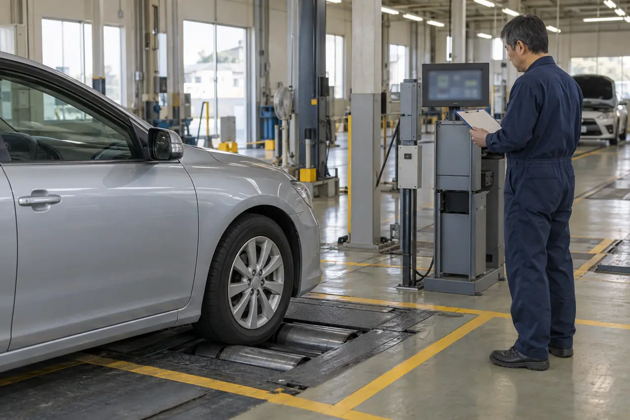 工場の中の検査ラインで車検の検査をする検査員