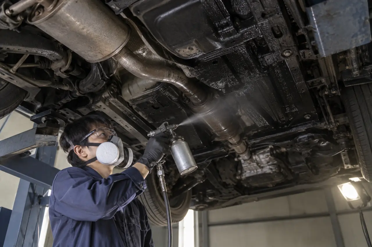 車の下回りに防錆剤を吹き付ける整備士