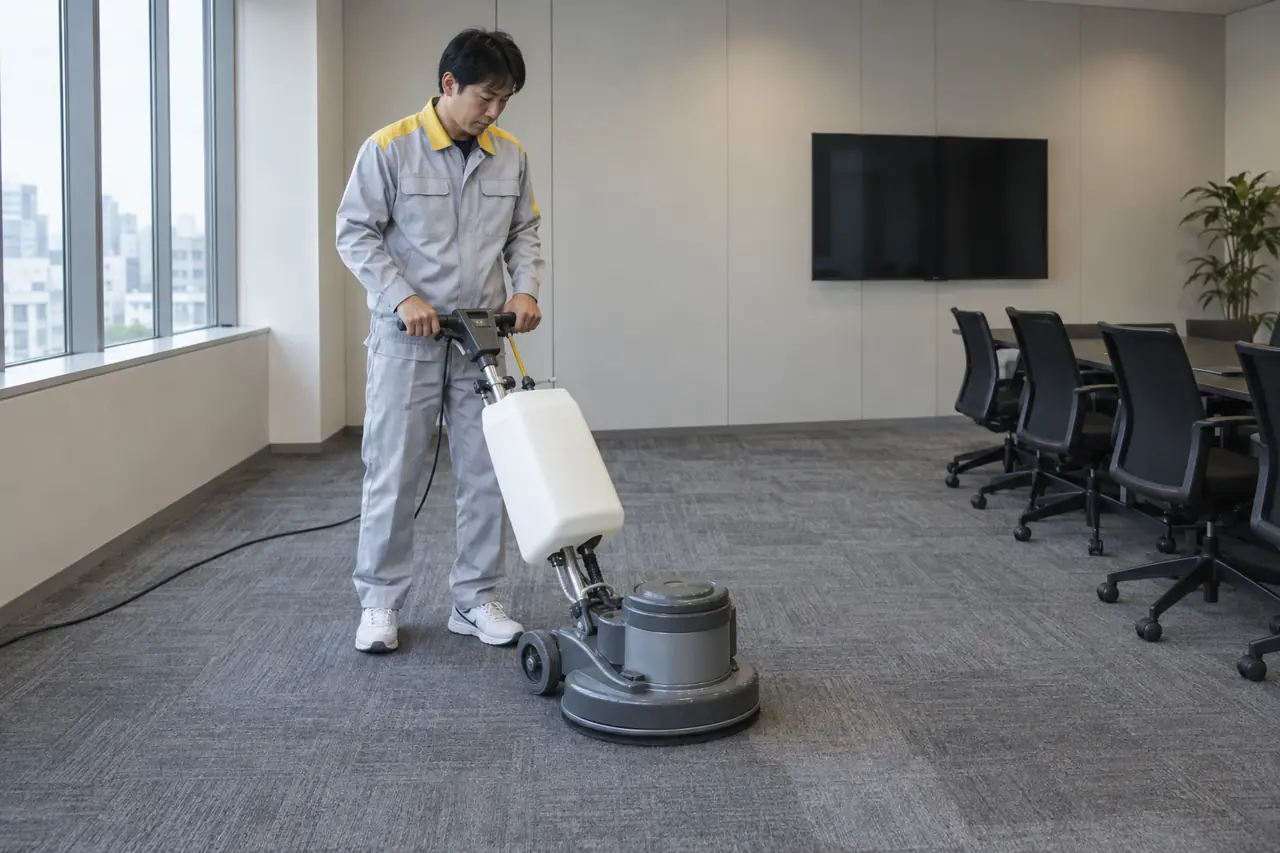 半導体関連の工場の事務棟の清掃の様子