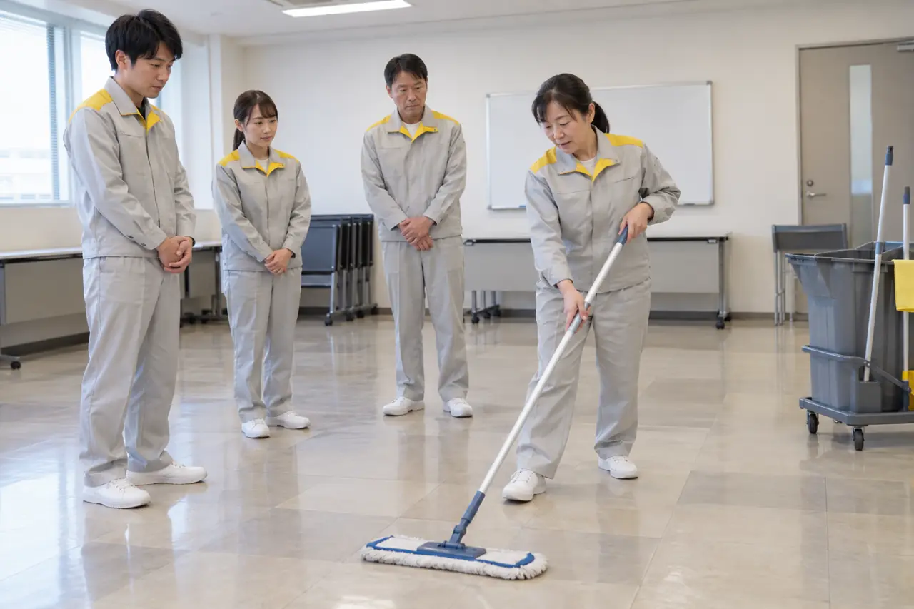 研修室でモップの使い方を教わる新人スタッフ