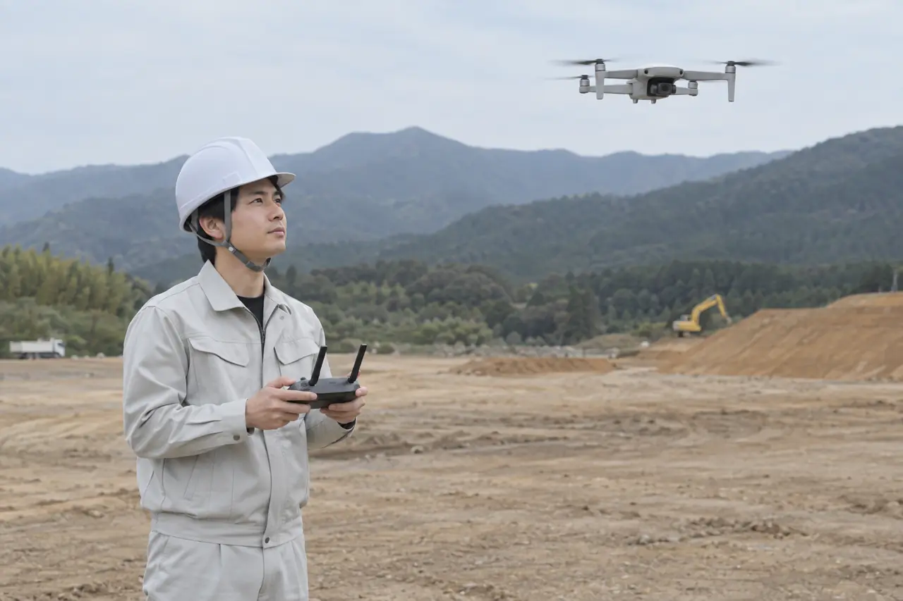 ドローンで測量する若手技術者