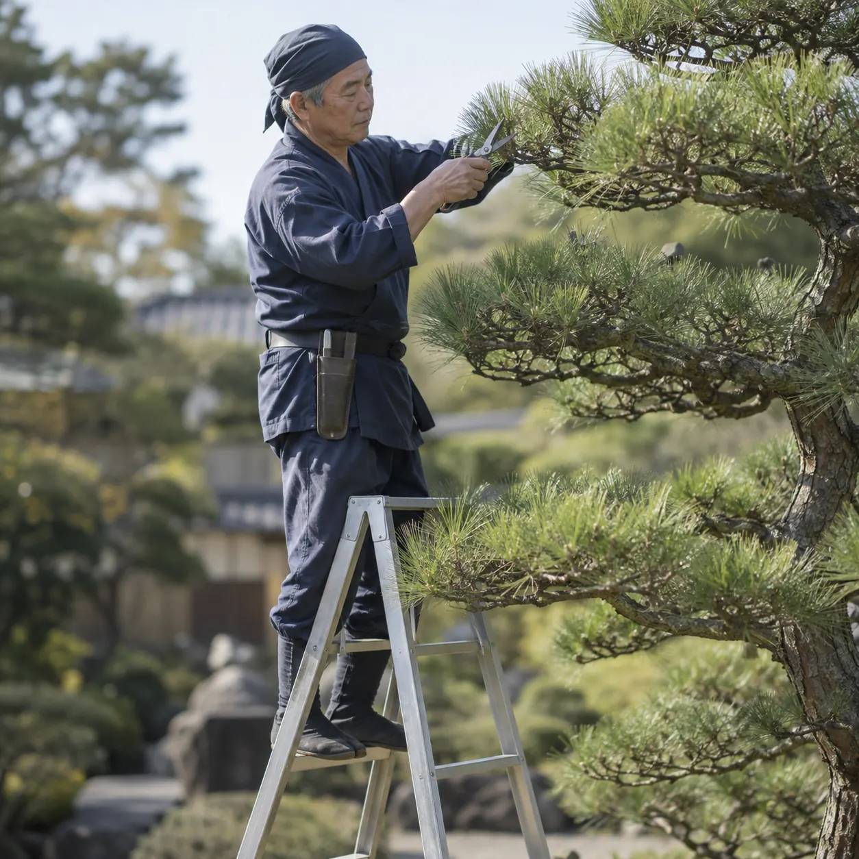 黒松を手ばさみで剪定する石梢園の庭師