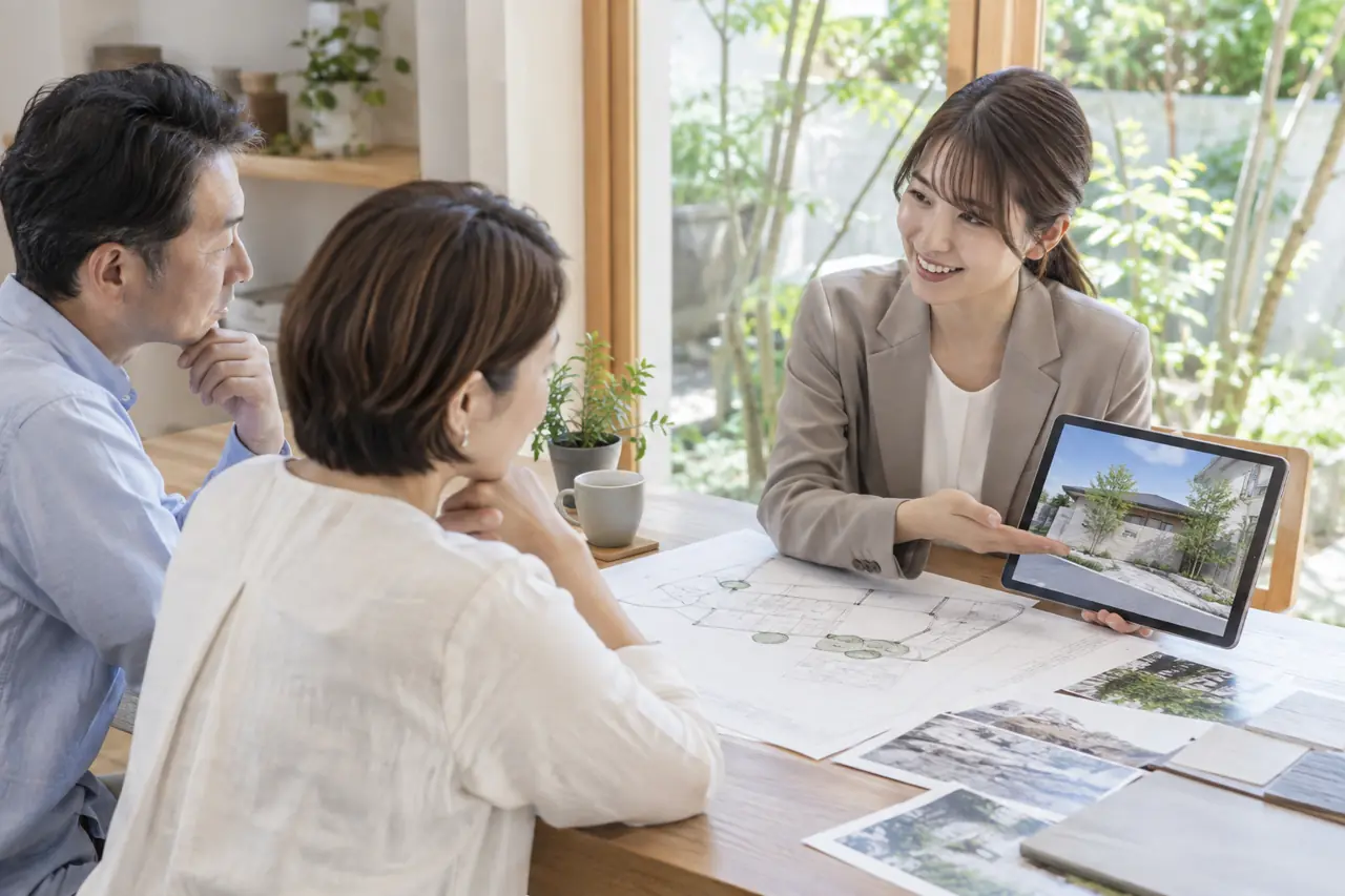外構の平面図を見ながら打ち合わせをするプランナーとご夫婦