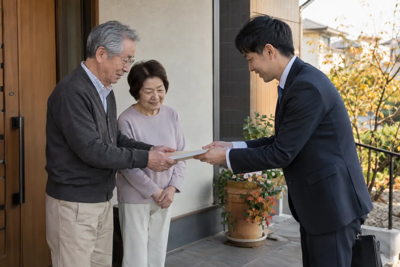 ご自宅の玄関先で資料をお渡しする担当者