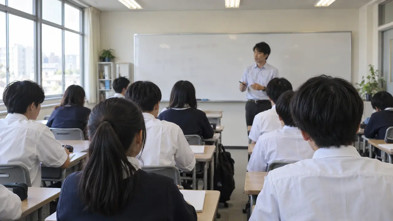 中学生の集団授業。講師がホワイトボードの前で話している