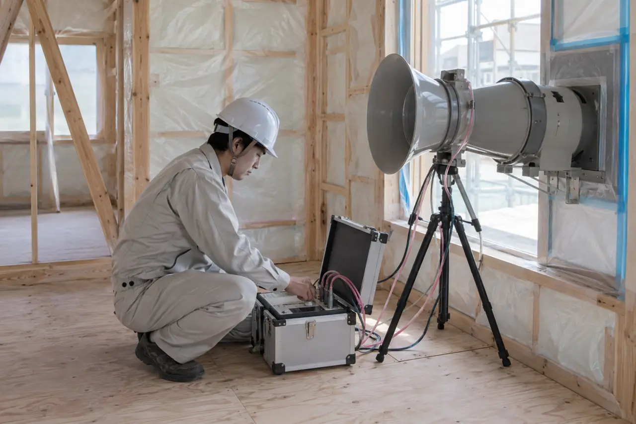 建築中の家で気密測定をする現場監督