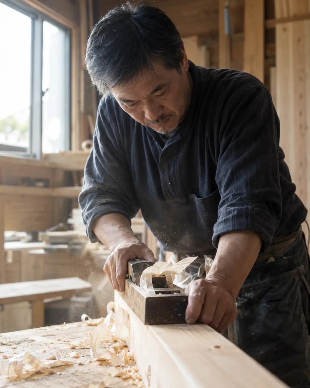 ヒノキの角材に鉋をかける棟梁