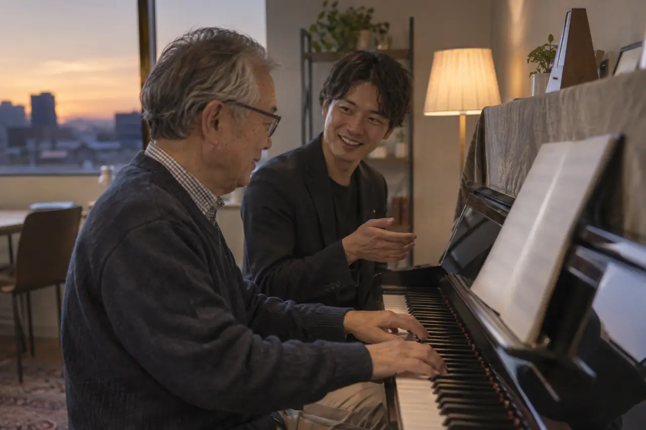 講師と話しながらピアノを弾く60代の男性