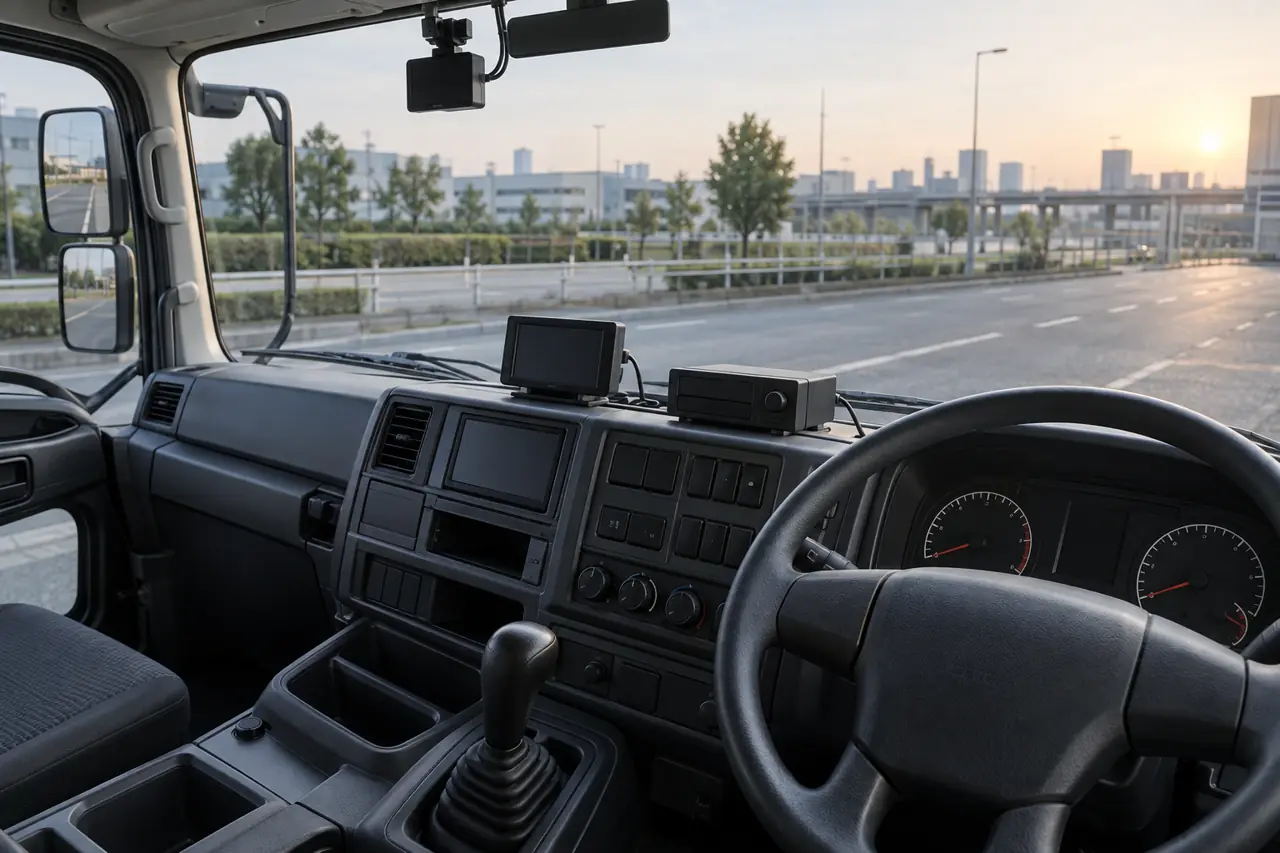 デジタルタコグラフとドライブレコーダーを付けた運転席