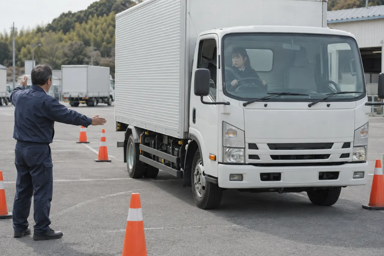 構内の練習場での車庫入れの指導
