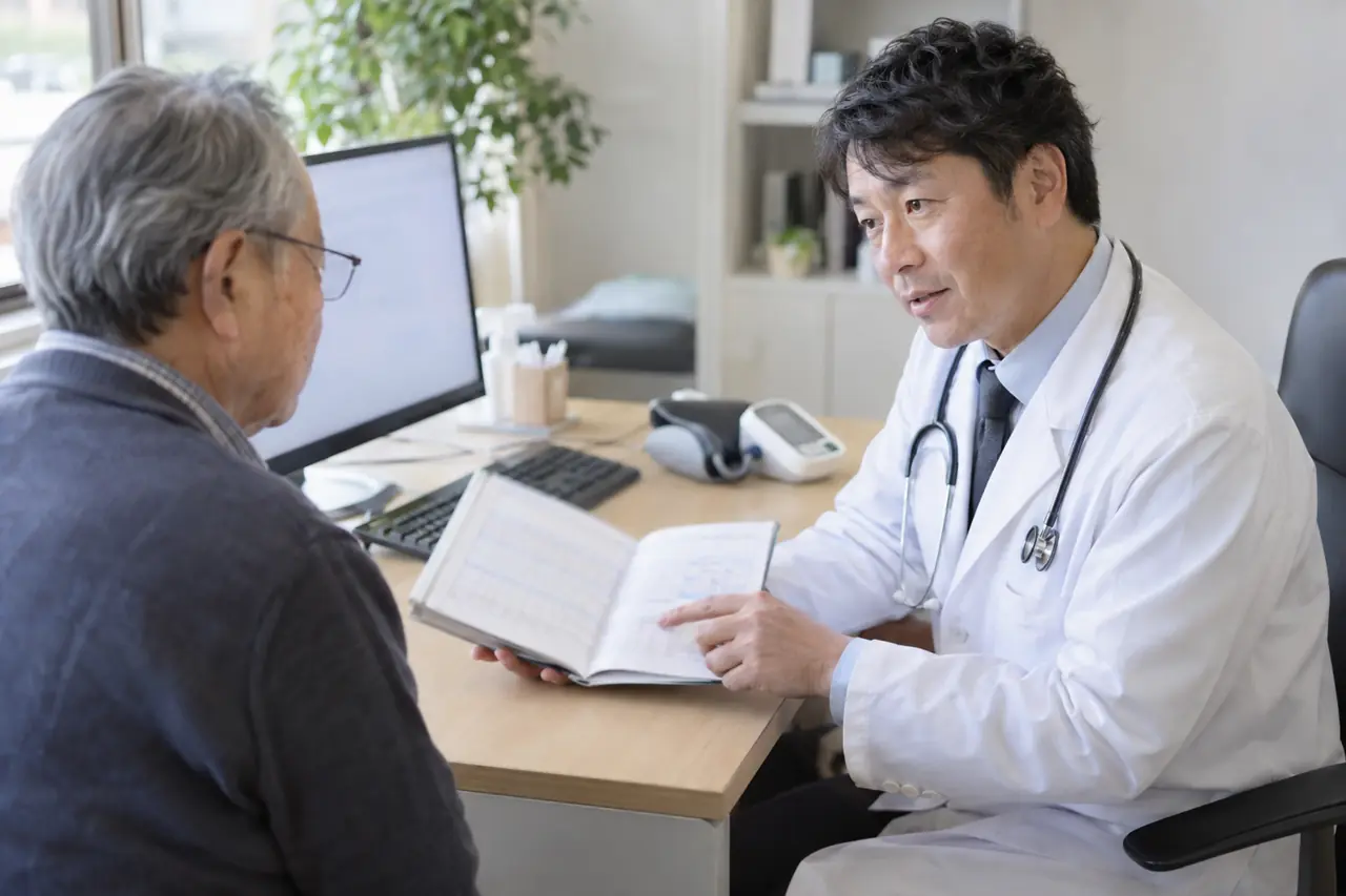 内科の診察室で説明を受ける患者さん