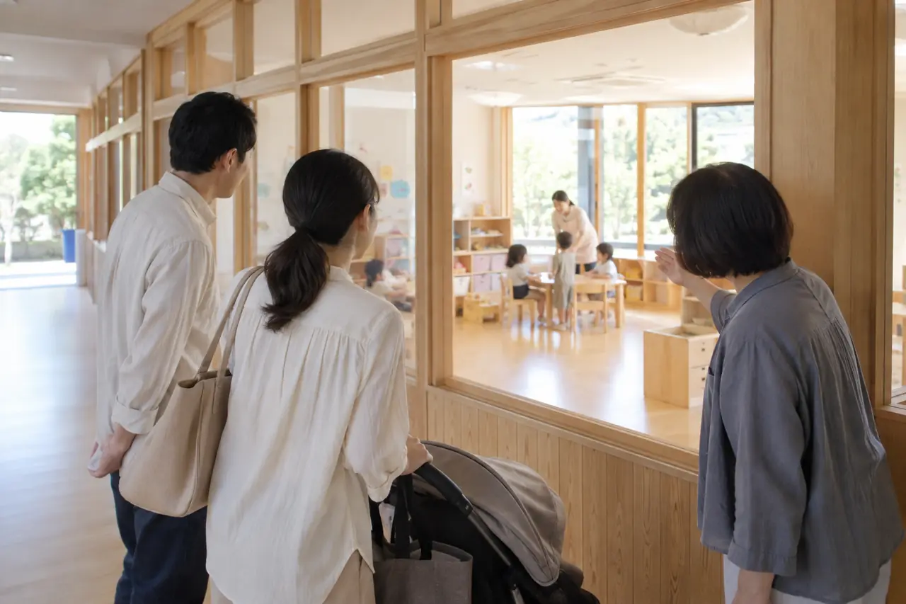 園長の案内で保育室をのぞく見学のご家族
