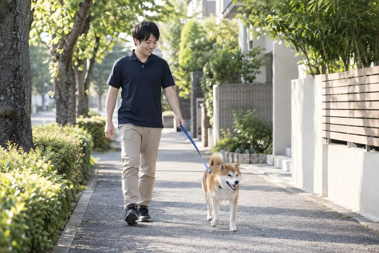 ホテル担当のスタッフと朝のお散歩をする柴犬