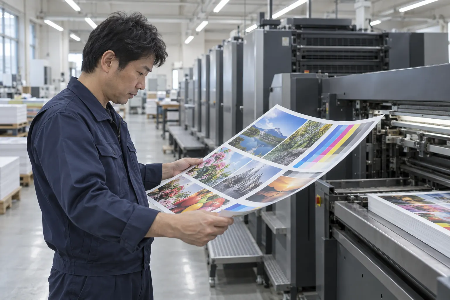 4色オフセット印刷機の横で、刷り上がった紙の色を確かめるオペレーター