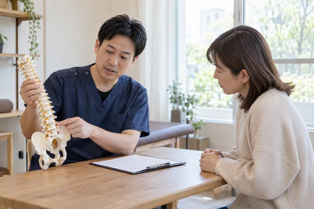 問診票と骨格の模型を使って説明している様子