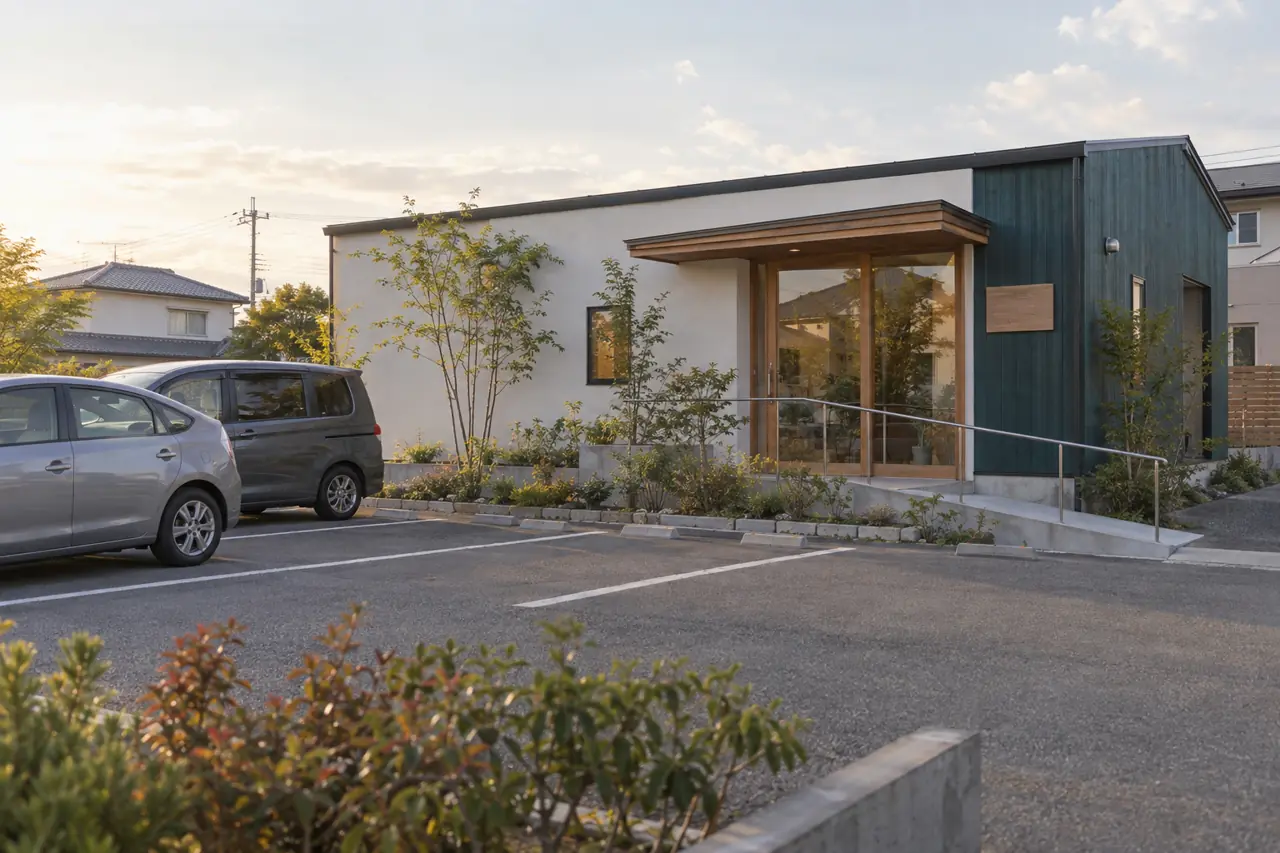結歩整骨院の外観と、正面の駐車場