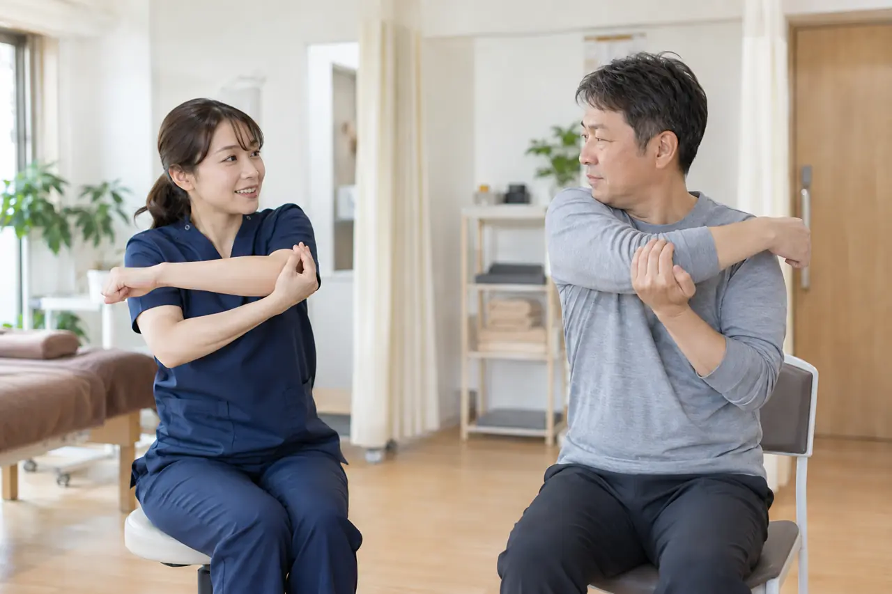 自宅でできるストレッチを教えている様子