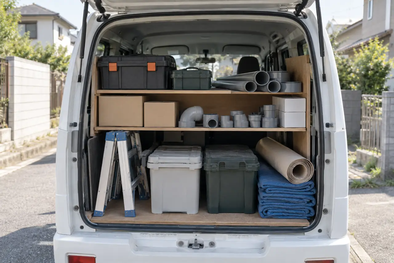 部材を積んだ作業車の荷室