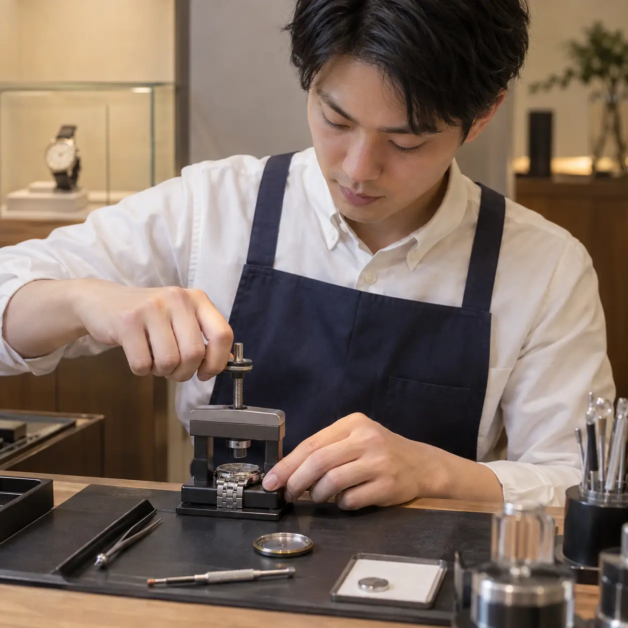 カウンターで腕時計の電池を交換しているところ