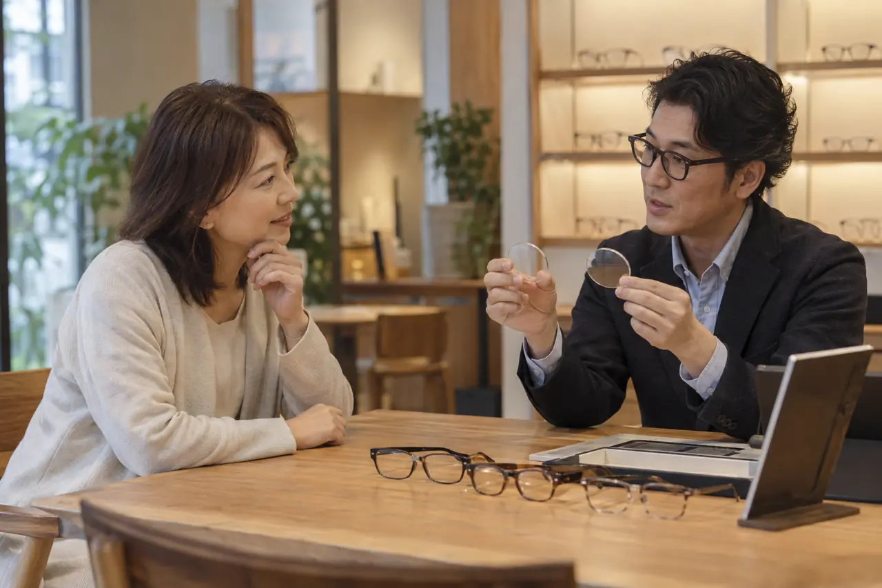 遠近両用レンズの見え方を、見本のレンズで説明しているところ
