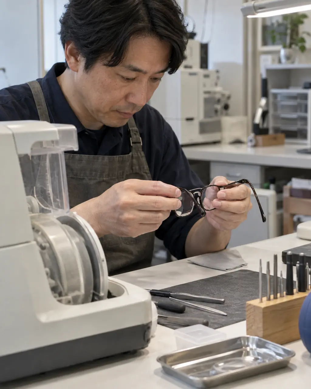 削ったレンズをフレームに合わせて確かめる手元
