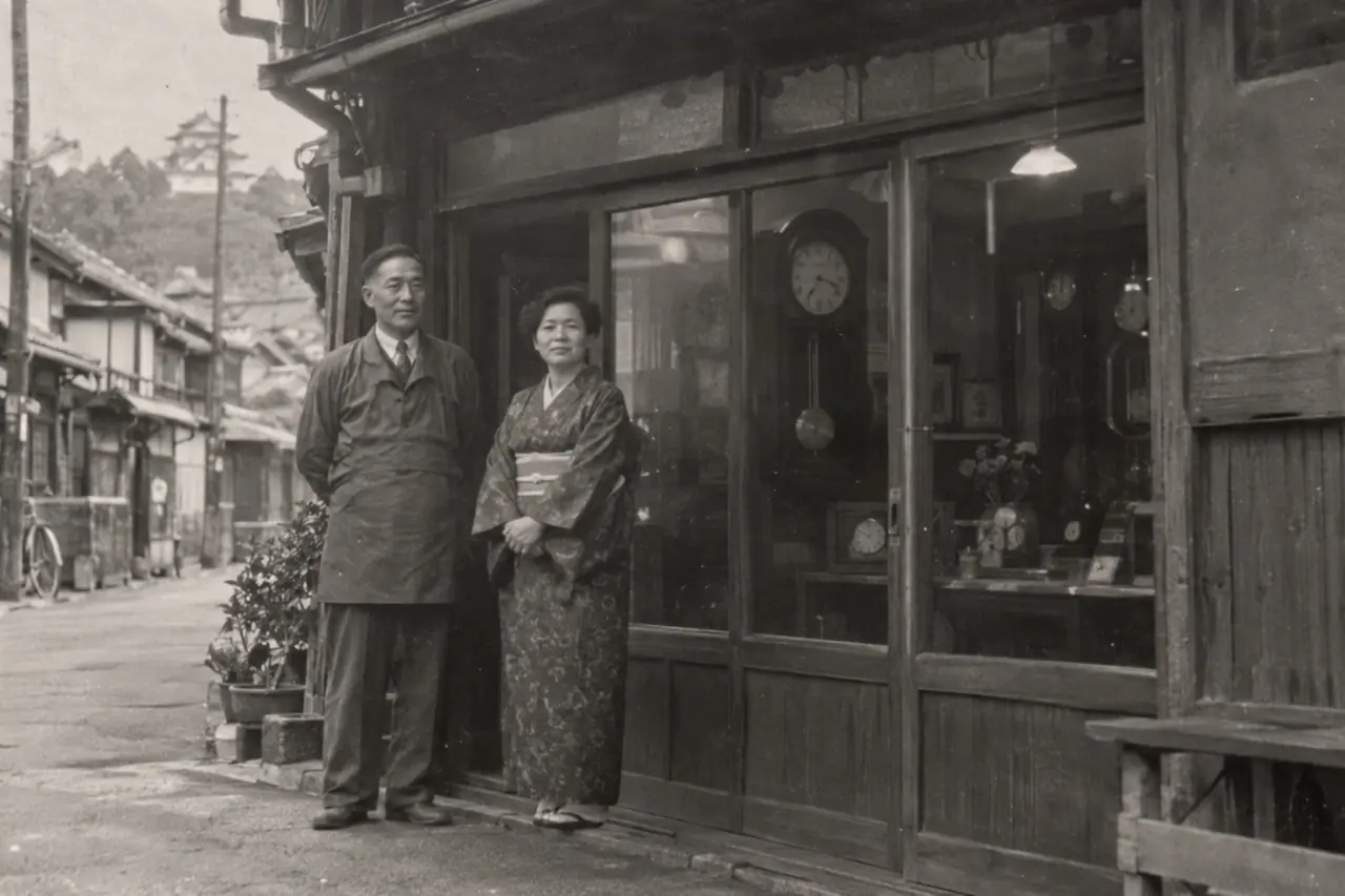 昭和30年代の店先。店主と家族が店の前に立つ