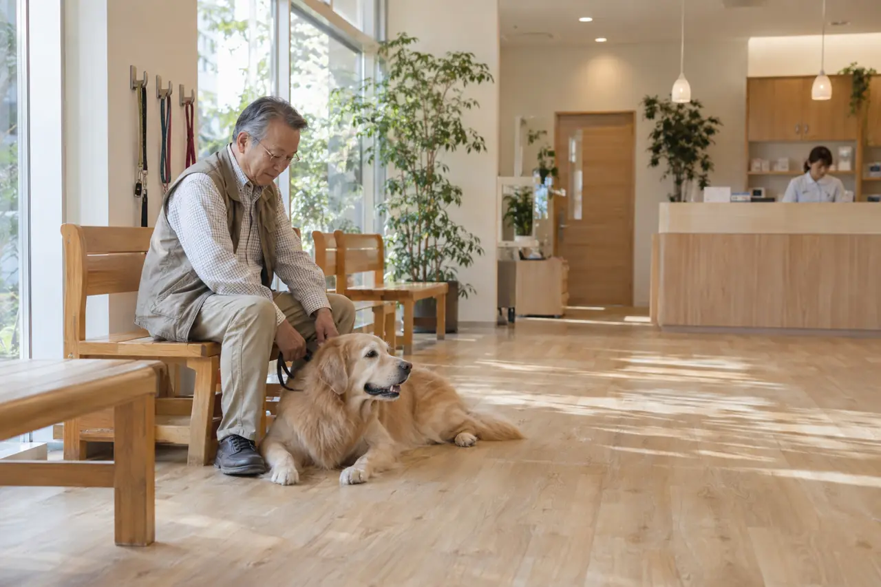 木のベンチの待合で、飼い主の足元に伏せるゴールデンレトリバー