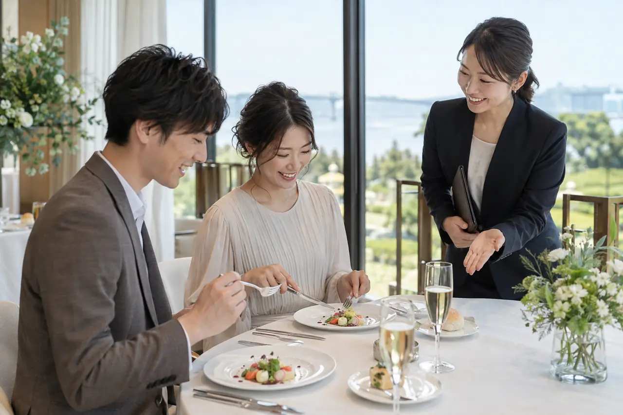 フェアで料理を試食するおふたりとプランナー